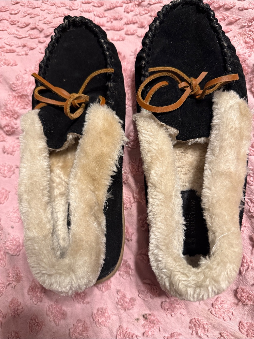 White Mountain Black Suede Moccasins with Cream Faux Fur and Tan Laces